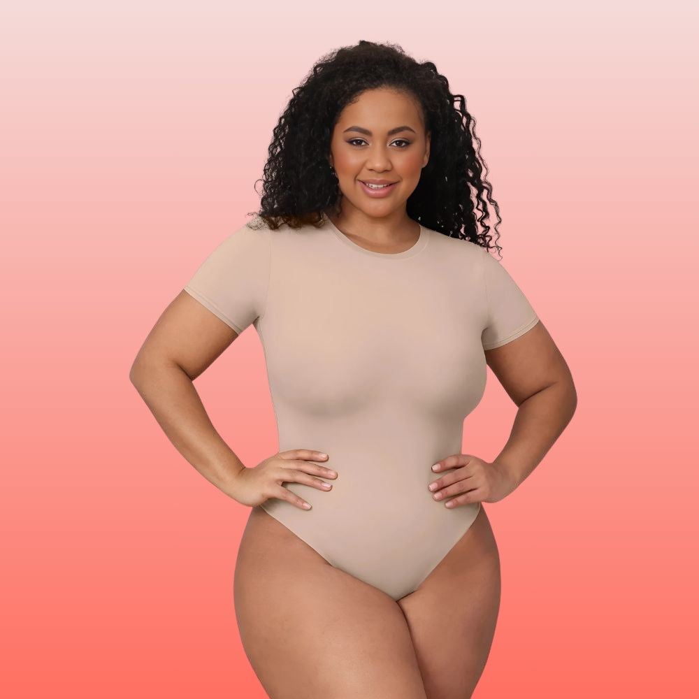 Becotal Body Gainant Manches Courtes Femme - Bodysuit Sculptant Tanga Col Rond Ultra-Minceur Ventre Plat